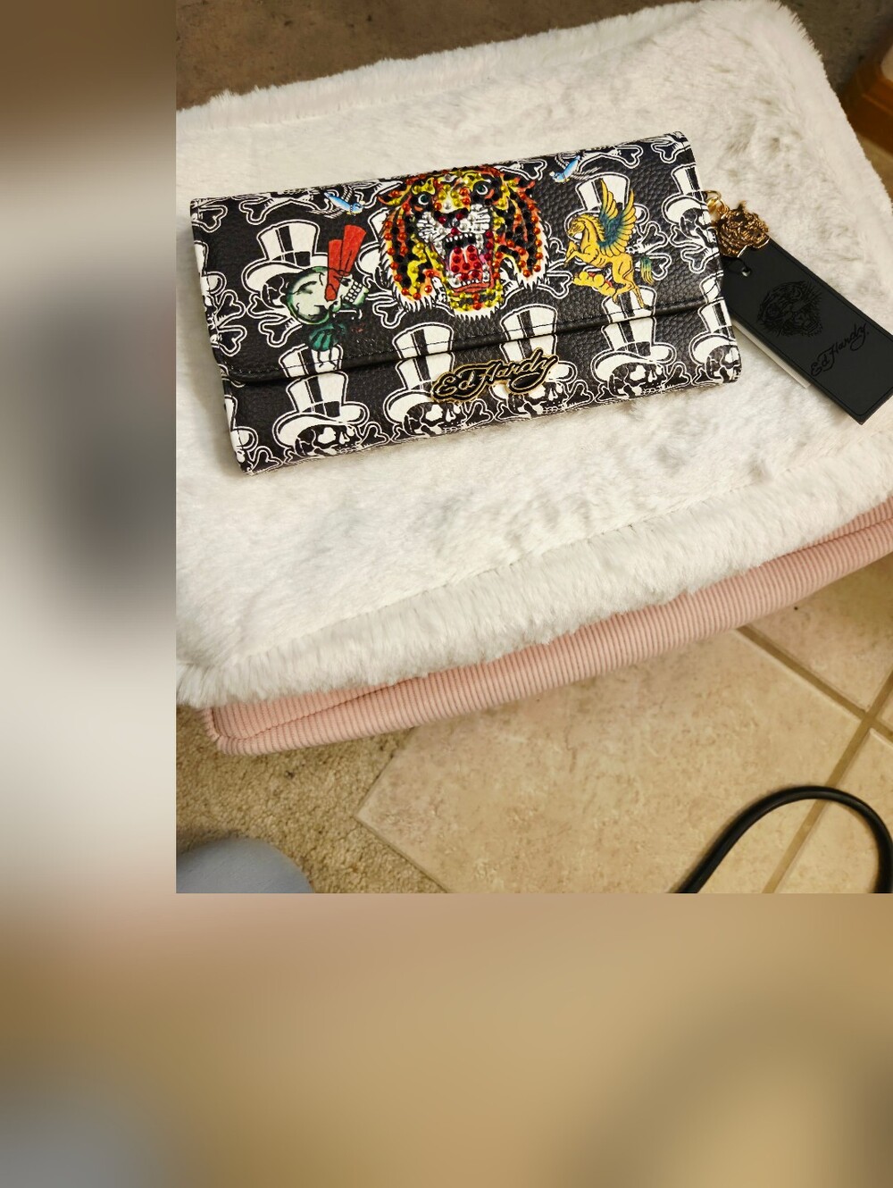 Ed Hardy Black Graphic Clutch Wallet with Colorful Tiger Motif